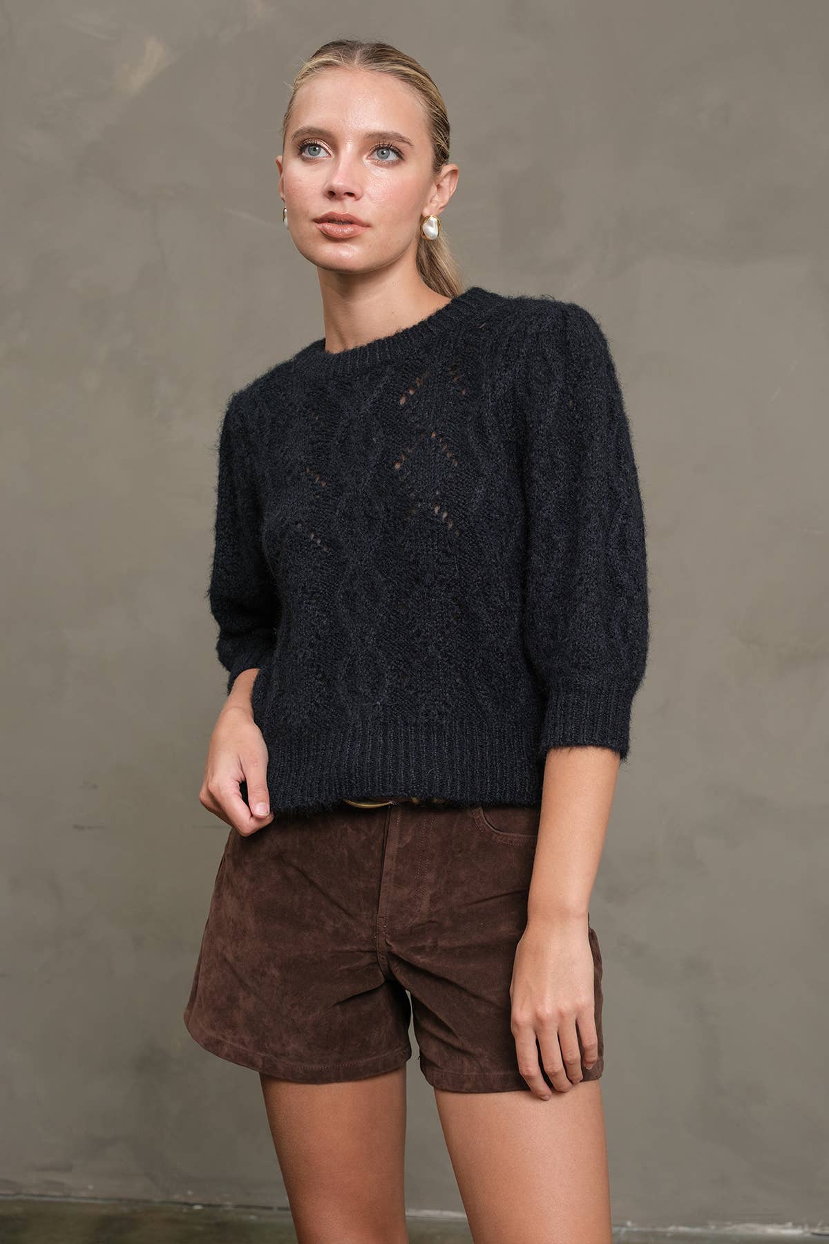 Cable Pointelle Fuzzy Knit Sweater