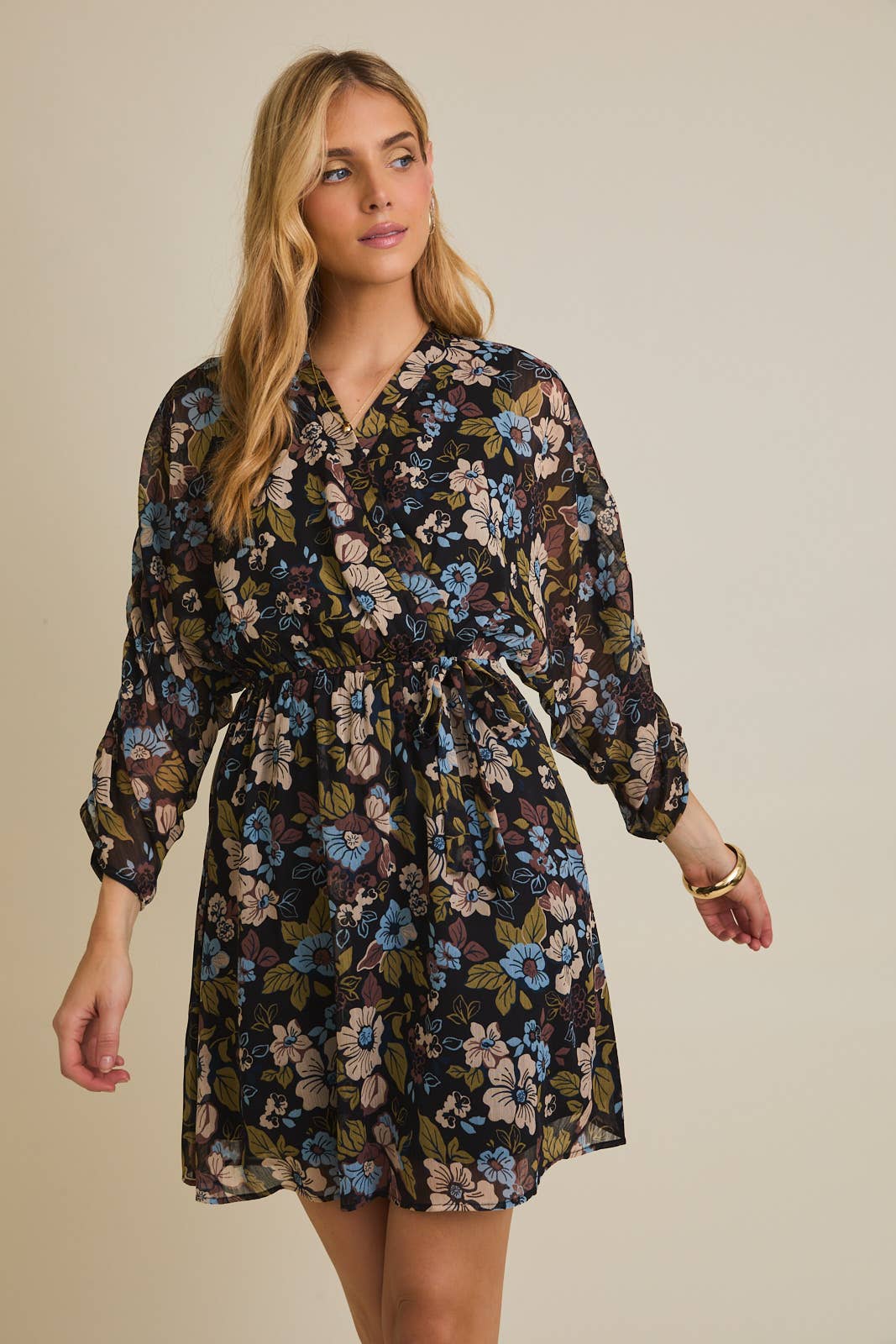 Surplice Shirred Floral Dress