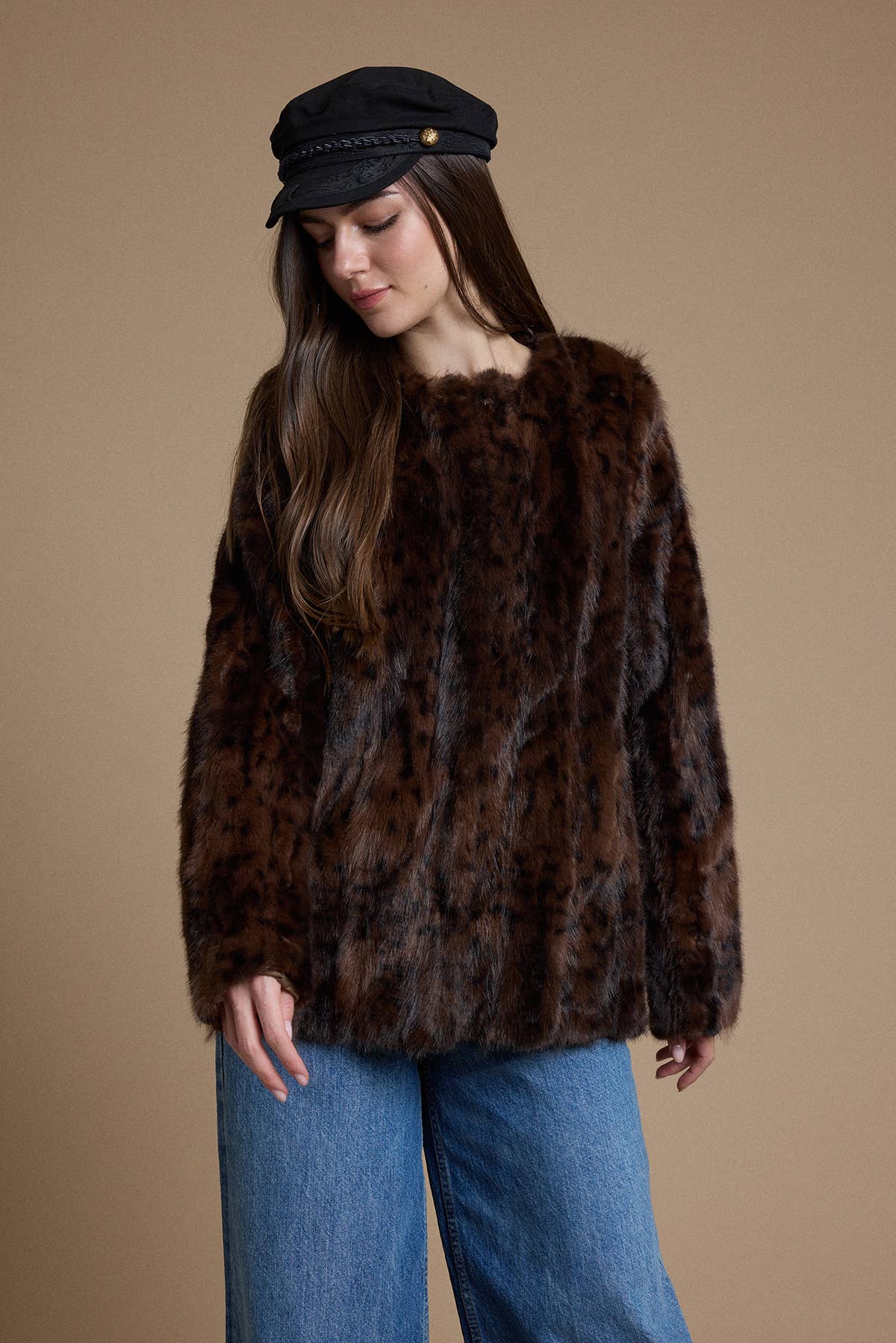 Chocolate Brown Leopard Faux Fur Jacket