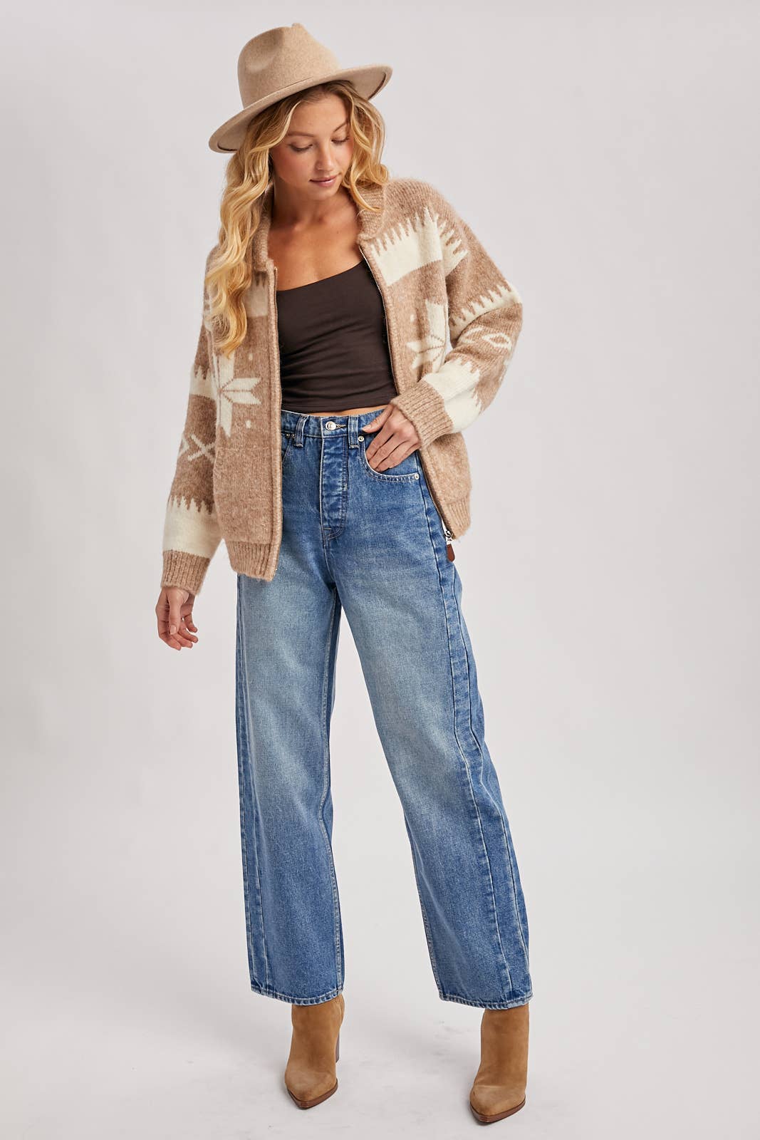 Fair Isle Fuzzy Knit Cardigan