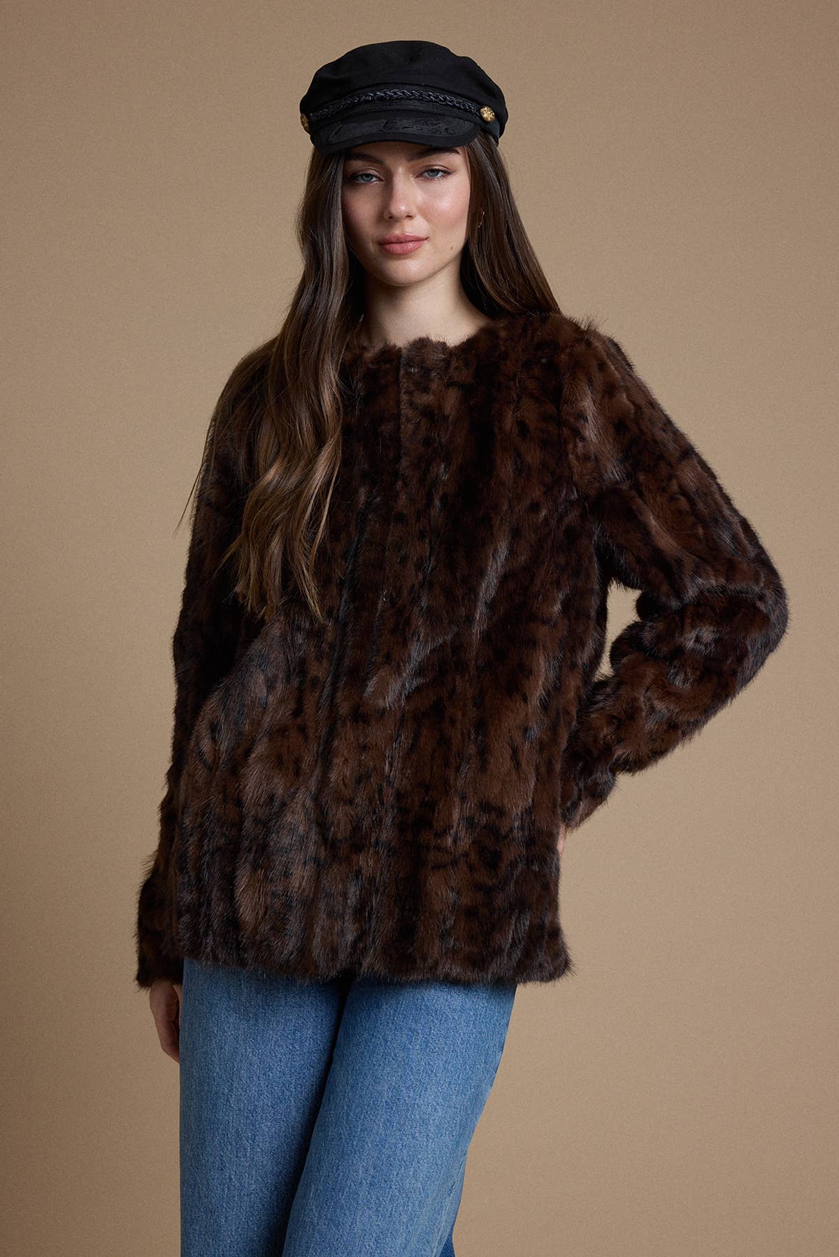 Chocolate Brown Leopard Faux Fur Jacket