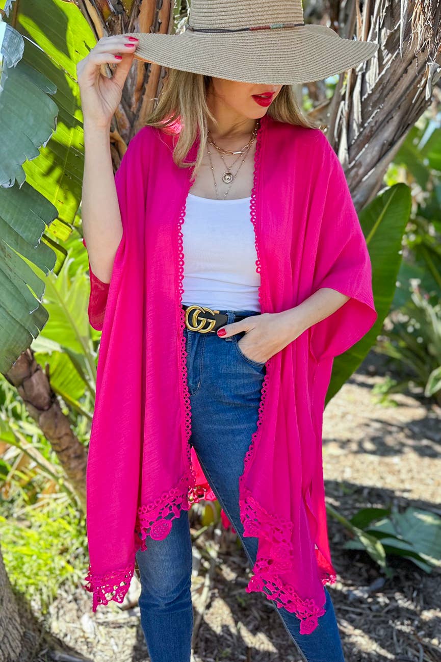 Fuchsia Lace Trim Kimono Cover Up