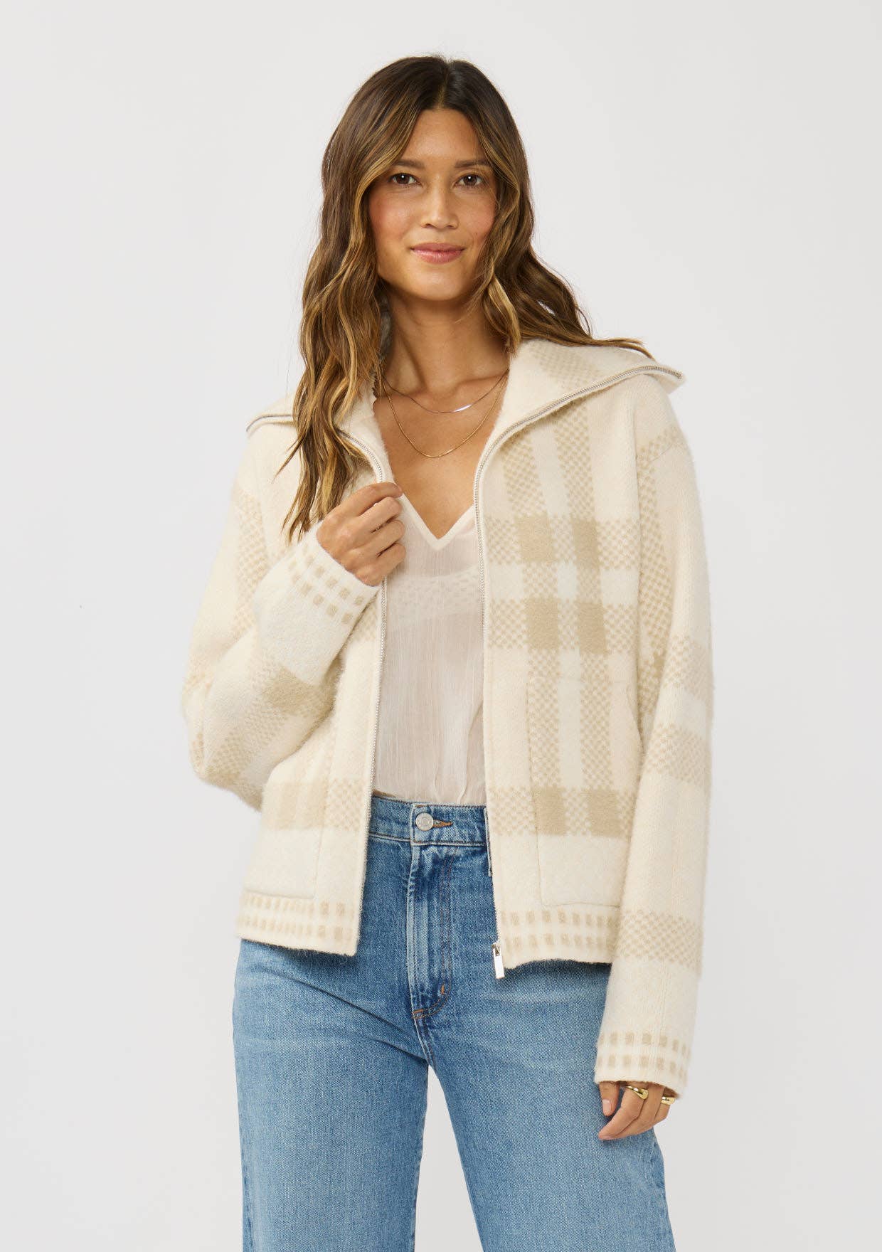Plaid Knit Zip-Up Bomber Jacket