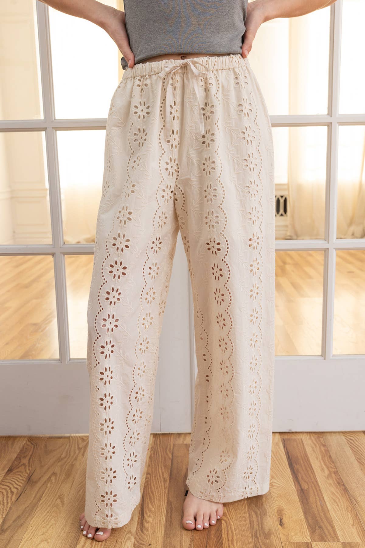 Eyelet Embroidered Wide-Leg Pants
