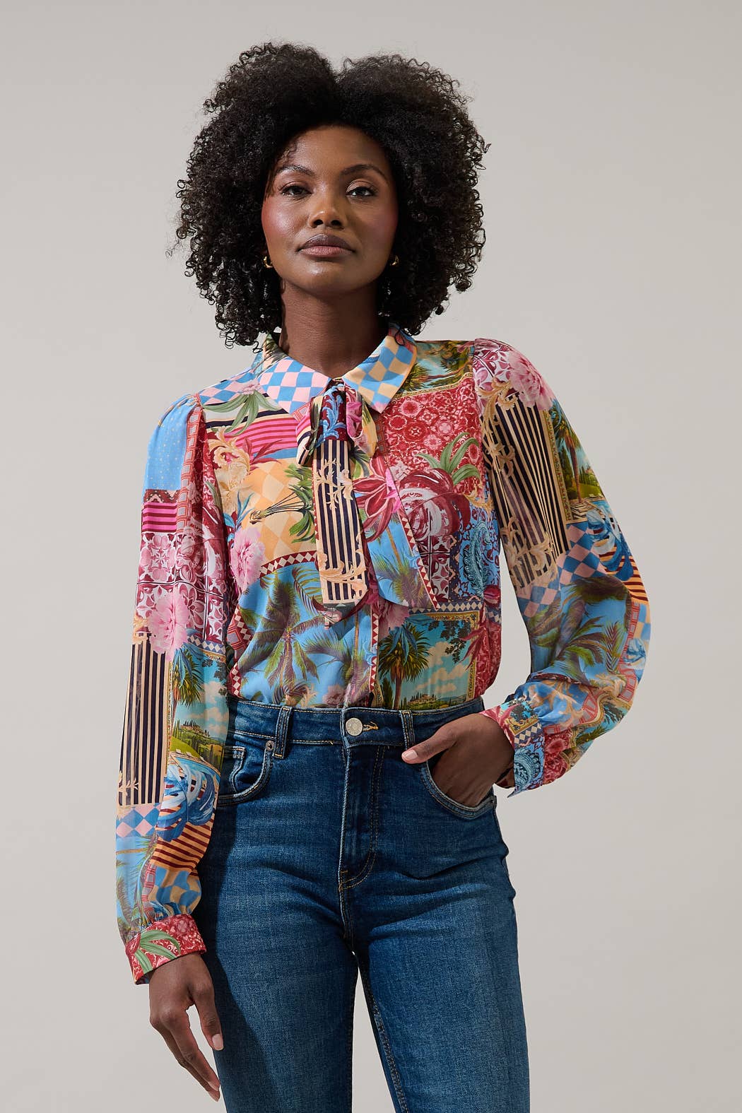 Melani Tropical Matra Long Sleeve Collared Blouse