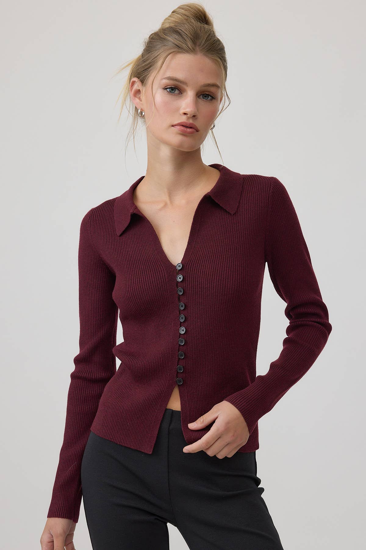 Ribbed Button Collar Knit Cardigan