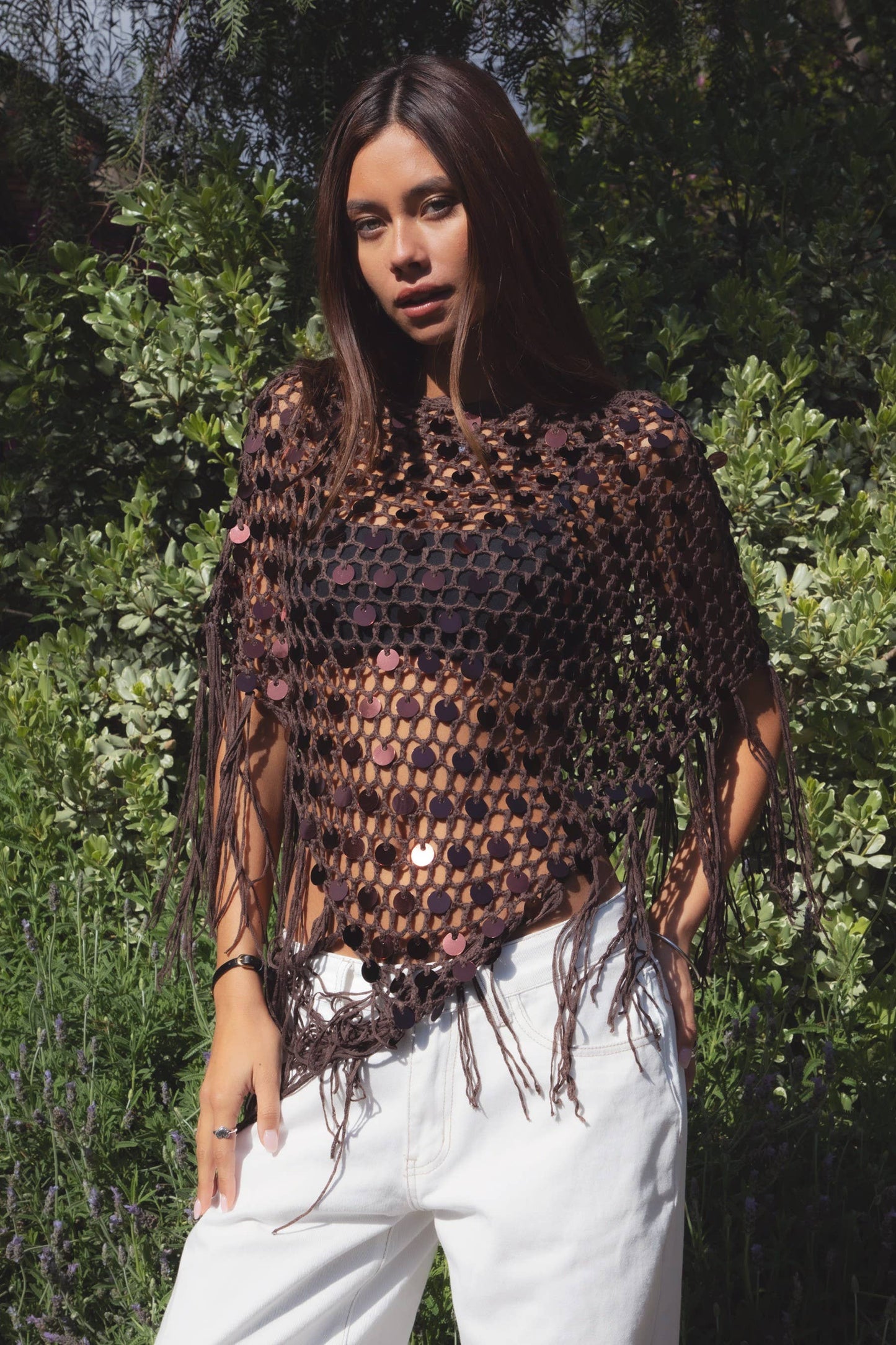 Lunara Sequin Crochet Fringe Knit Poncho