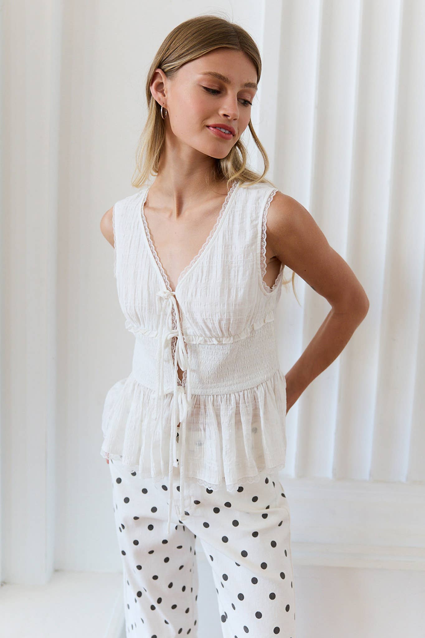 Smocked Tie-Front Peplum Top with Lace Trim
