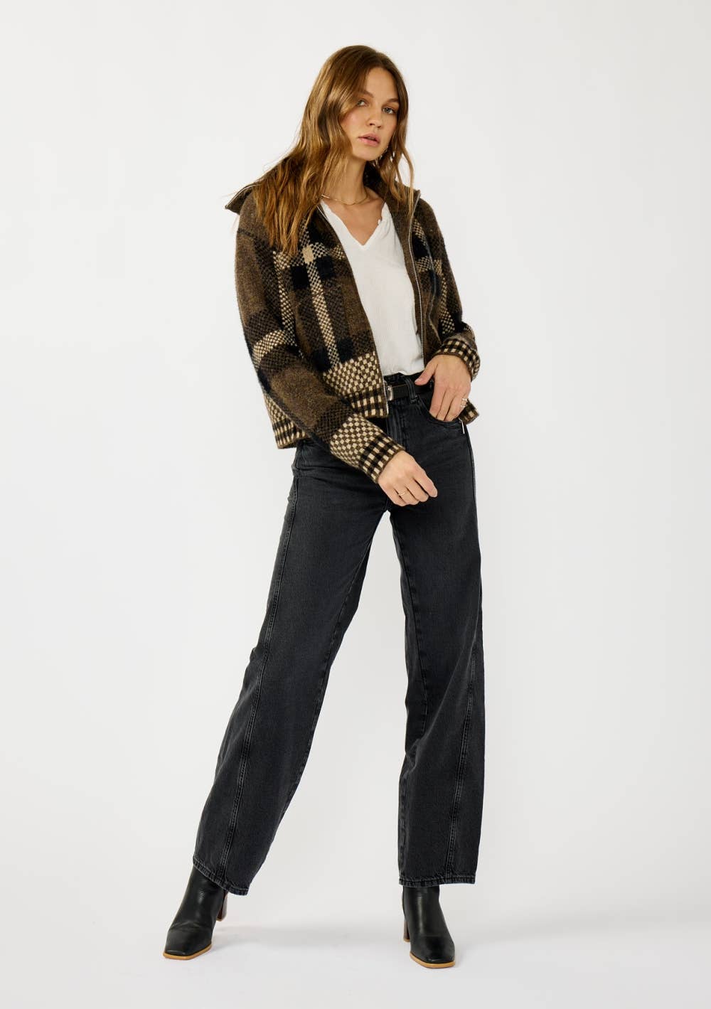 Plaid Knit Zip-Up Bomber Jacket