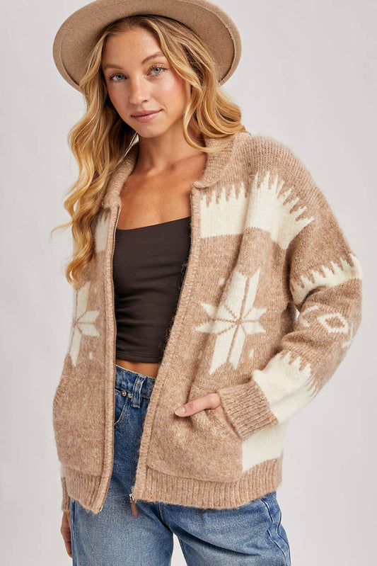 Fair Isle Fuzzy Knit Cardigan