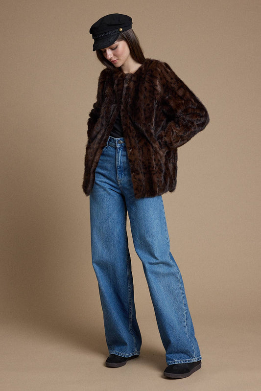 Chocolate Brown Leopard Faux Fur Jacket