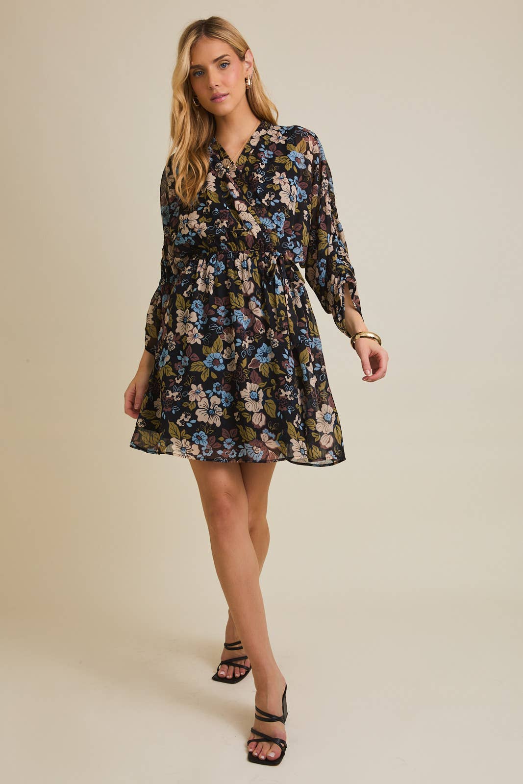 Surplice Shirred Floral Dress