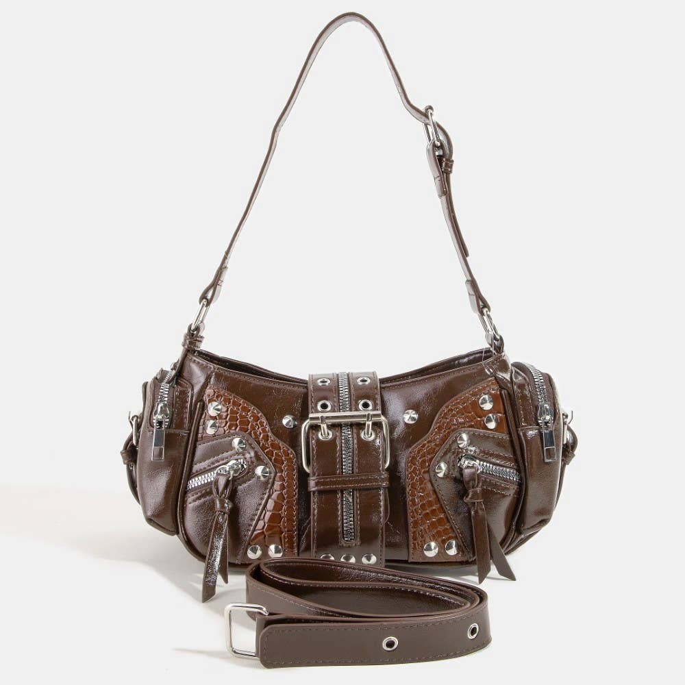 Rivet Detail Leather Shoulder Bag