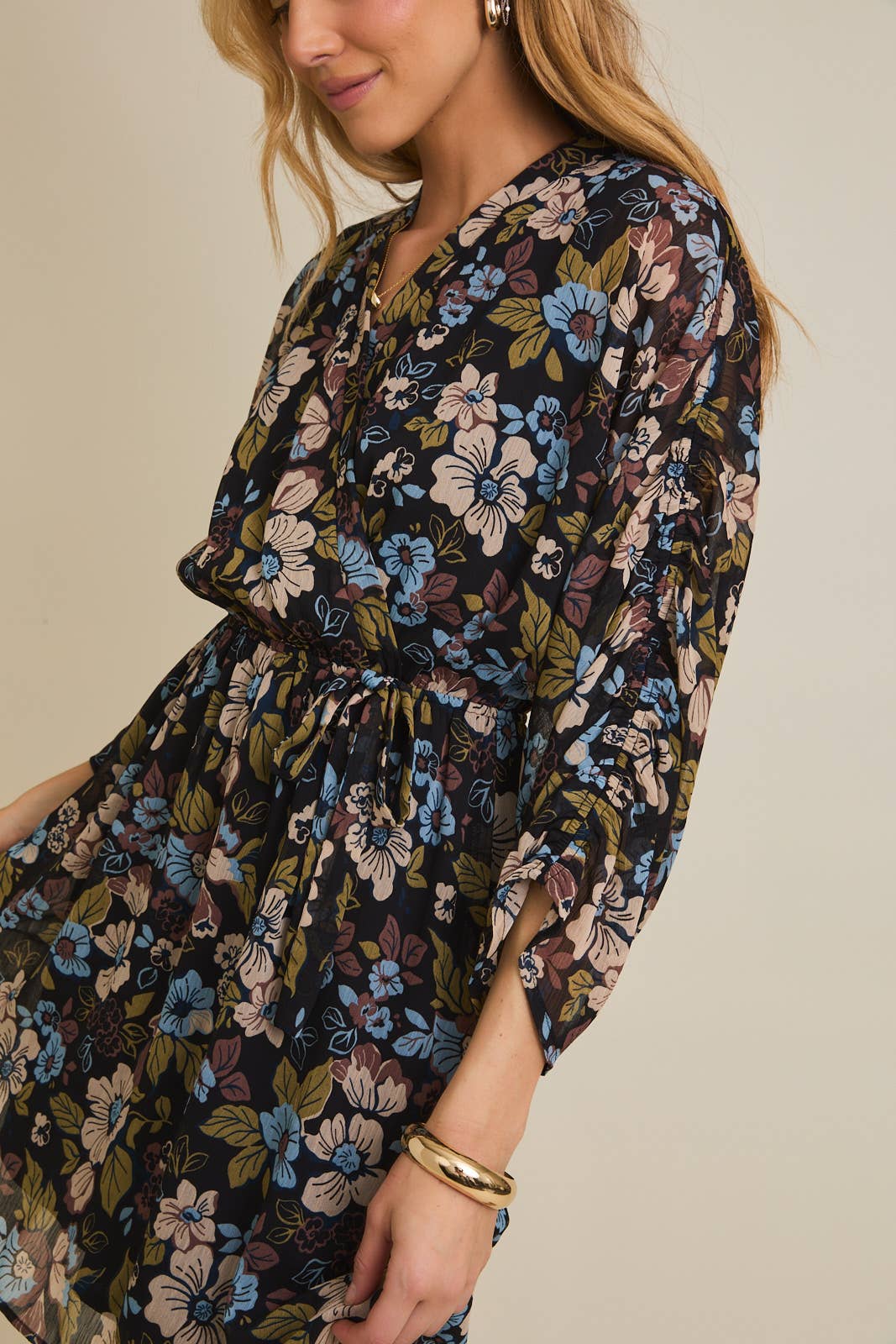 Surplice Shirred Floral Dress