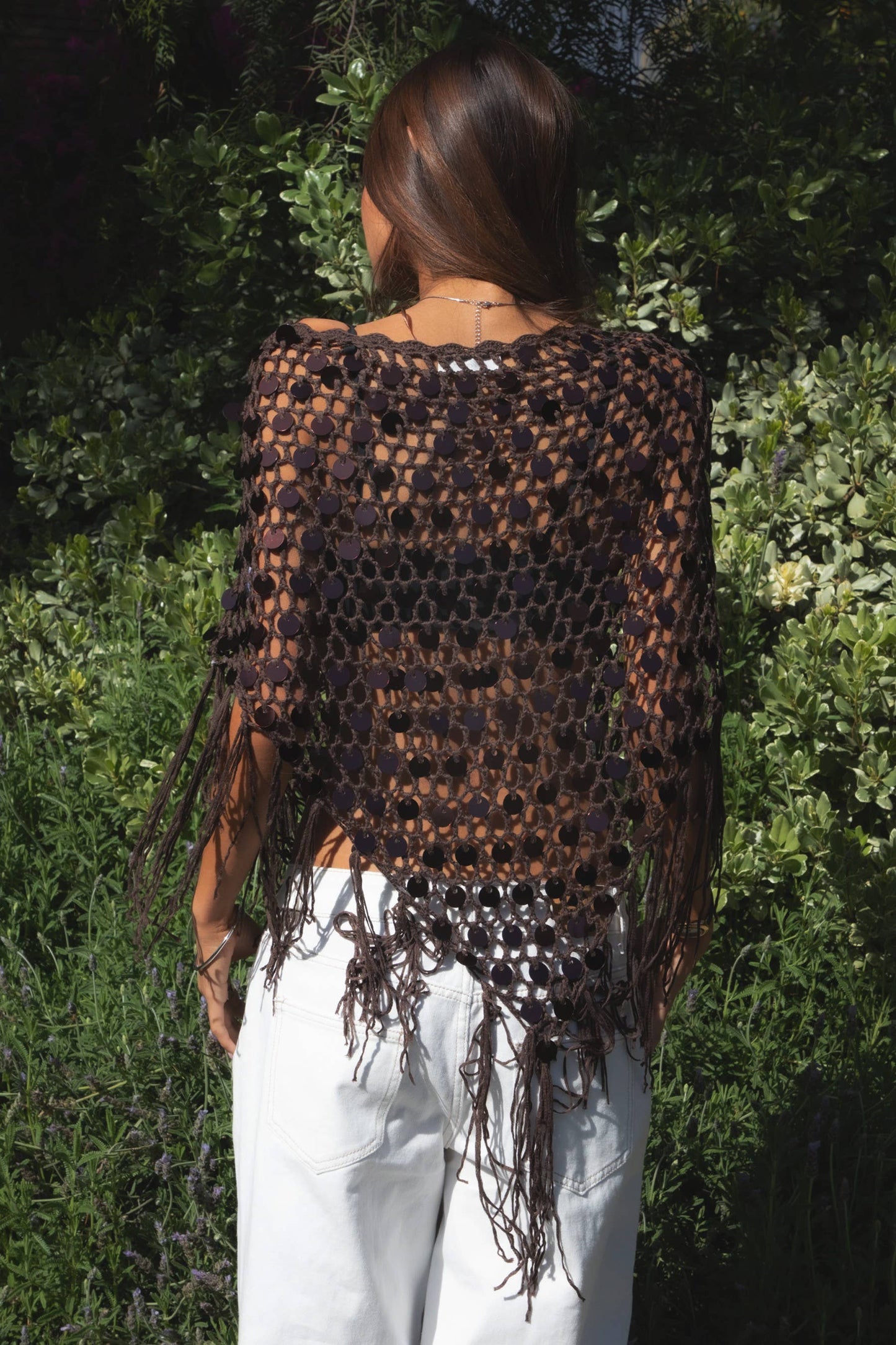 Lunara Sequin Crochet Fringe Knit Poncho