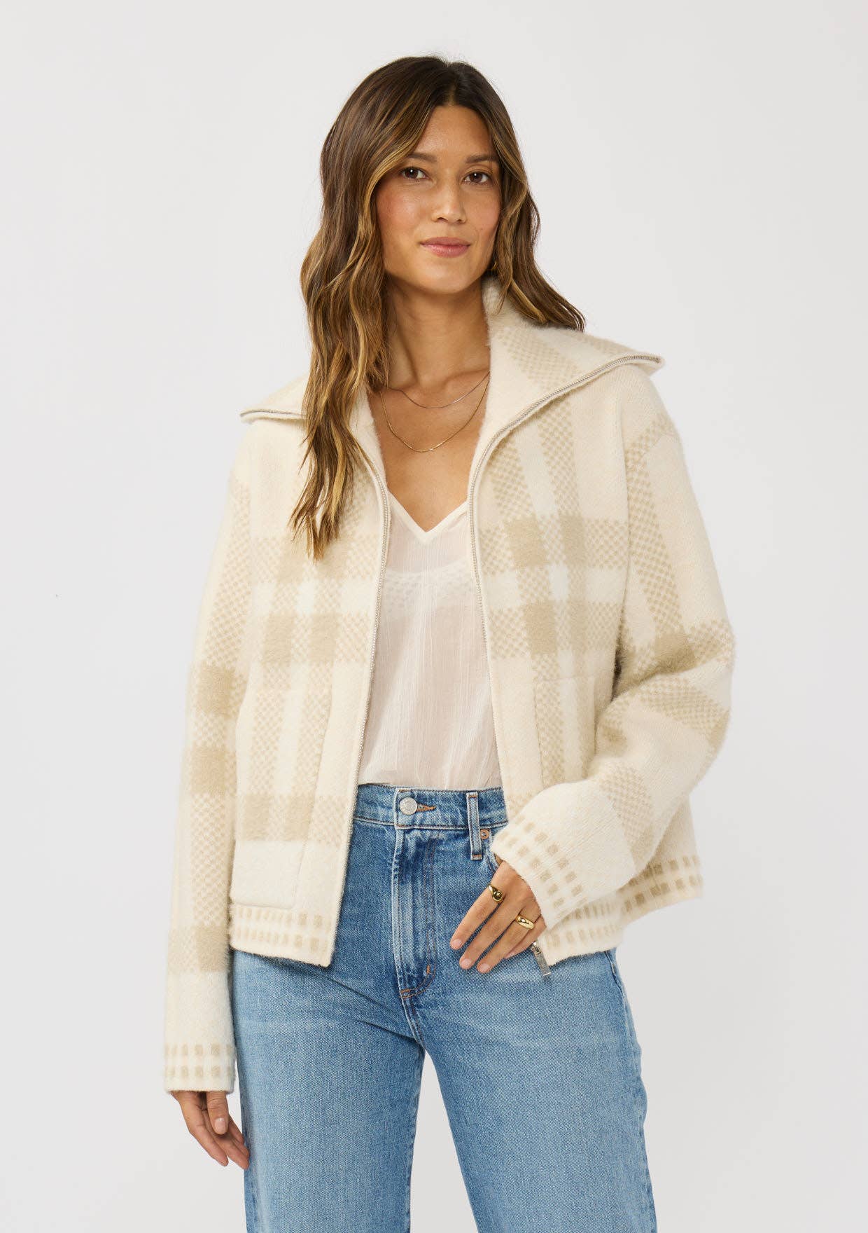 Plaid Knit Zip-Up Bomber Jacket
