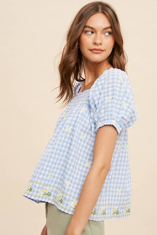 Seersucker Gingham Smock Blouse
