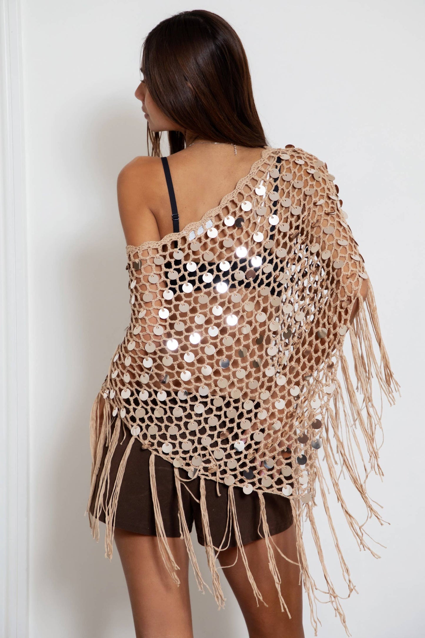 Lunara Sequin Crochet Fringe Knit Poncho