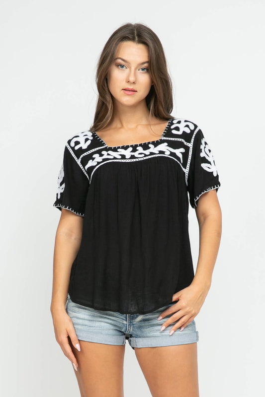 Sandy Embroidered Top – Black/White