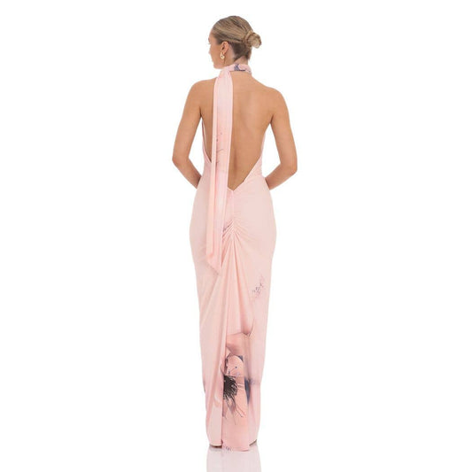 Mesh Floral Scarf Strap Maxi Dress in Pink