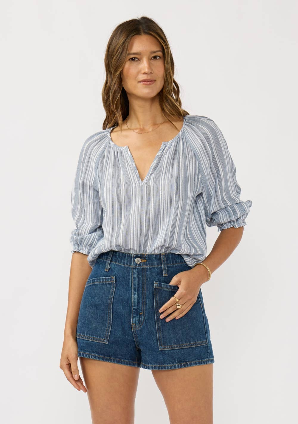 Split Neck Raglan Stripe Blouse