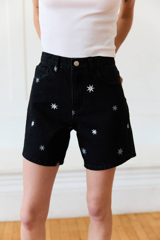 Star Embroidered Denim Shorts