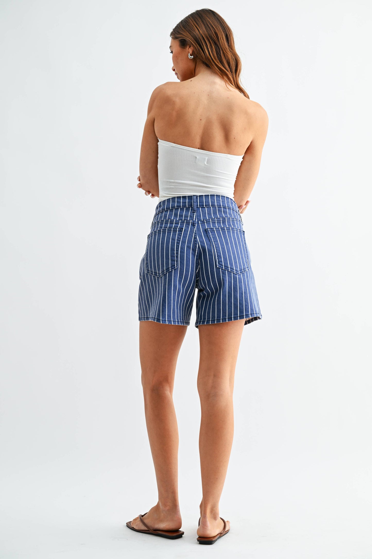 Tie Waist Longer Short- Navy Stripe