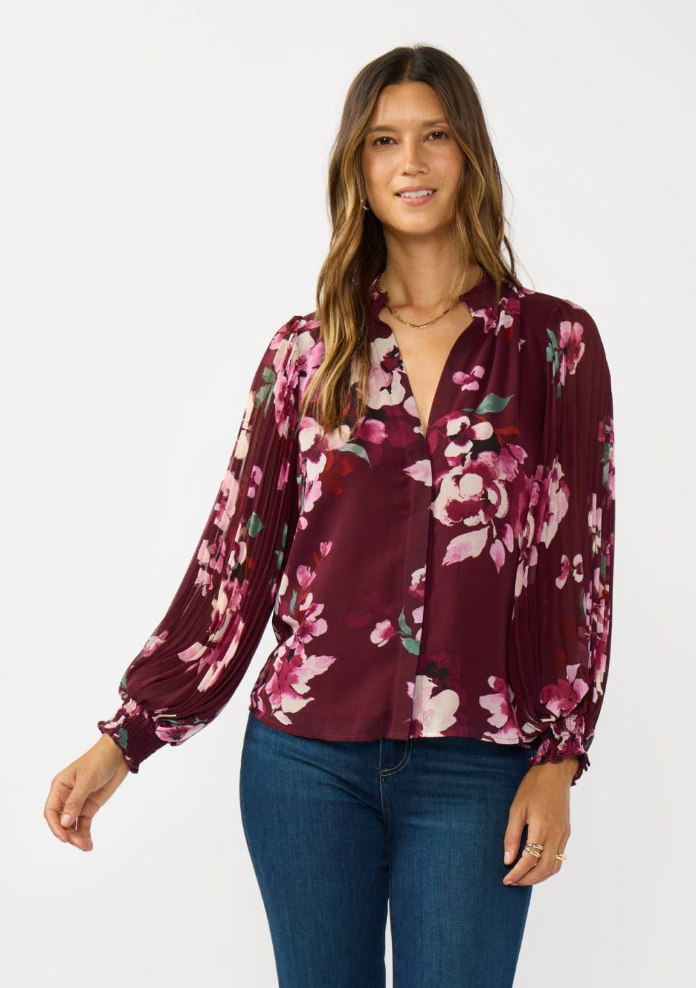 Pleated Sleeve Floral Button Blouse
