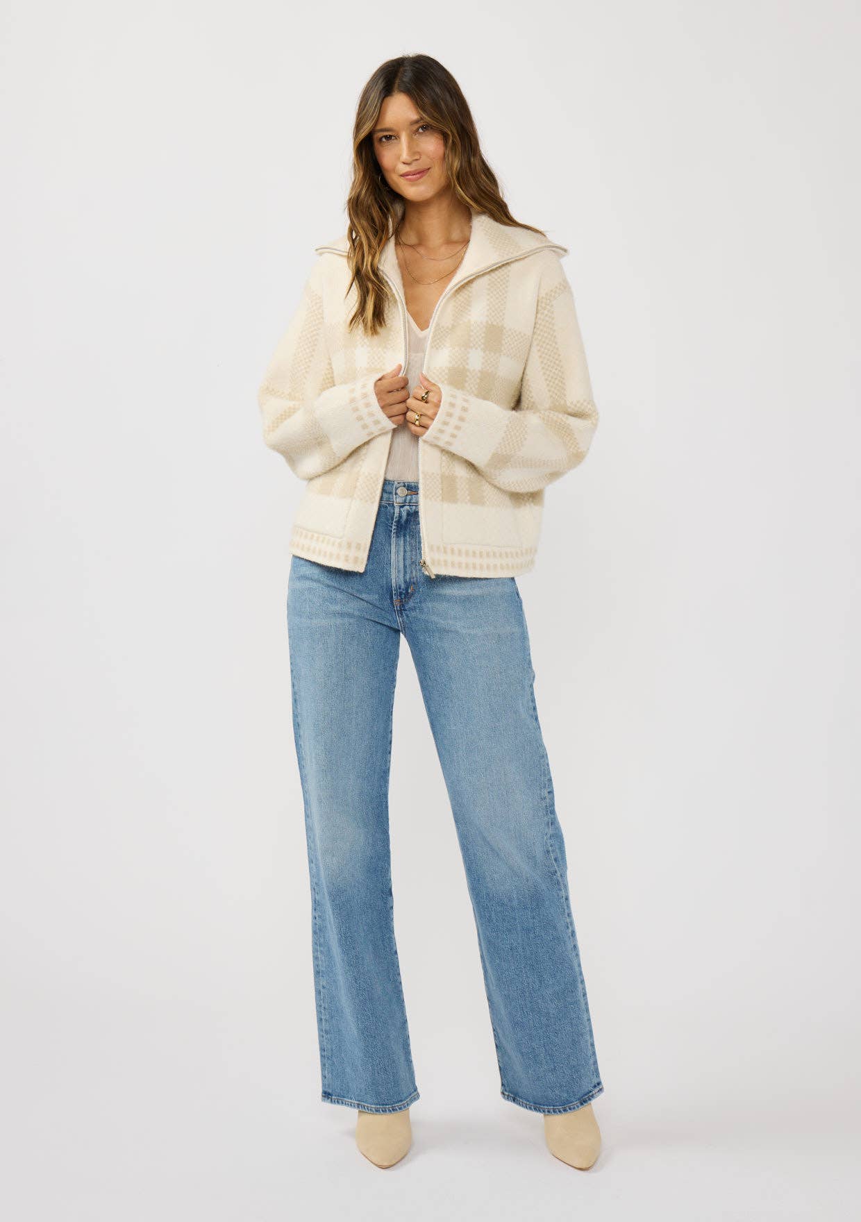 Plaid Knit Zip-Up Bomber Jacket