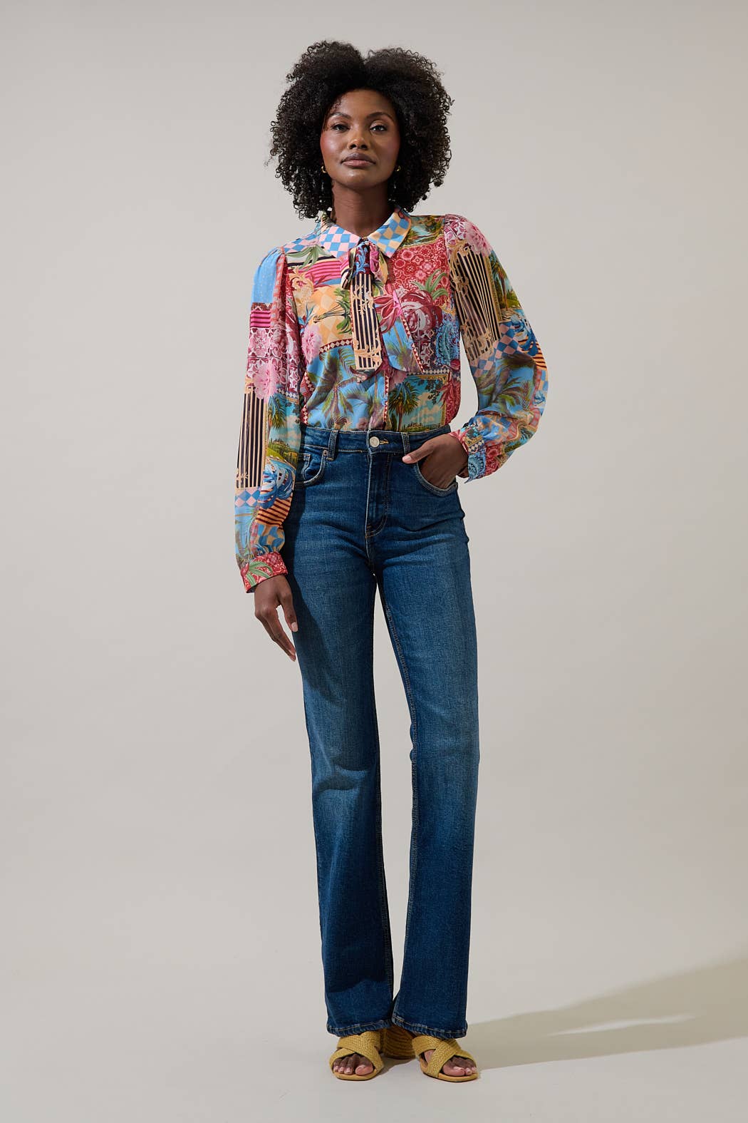 Melani Tropical Matra Long Sleeve Collared Blouse