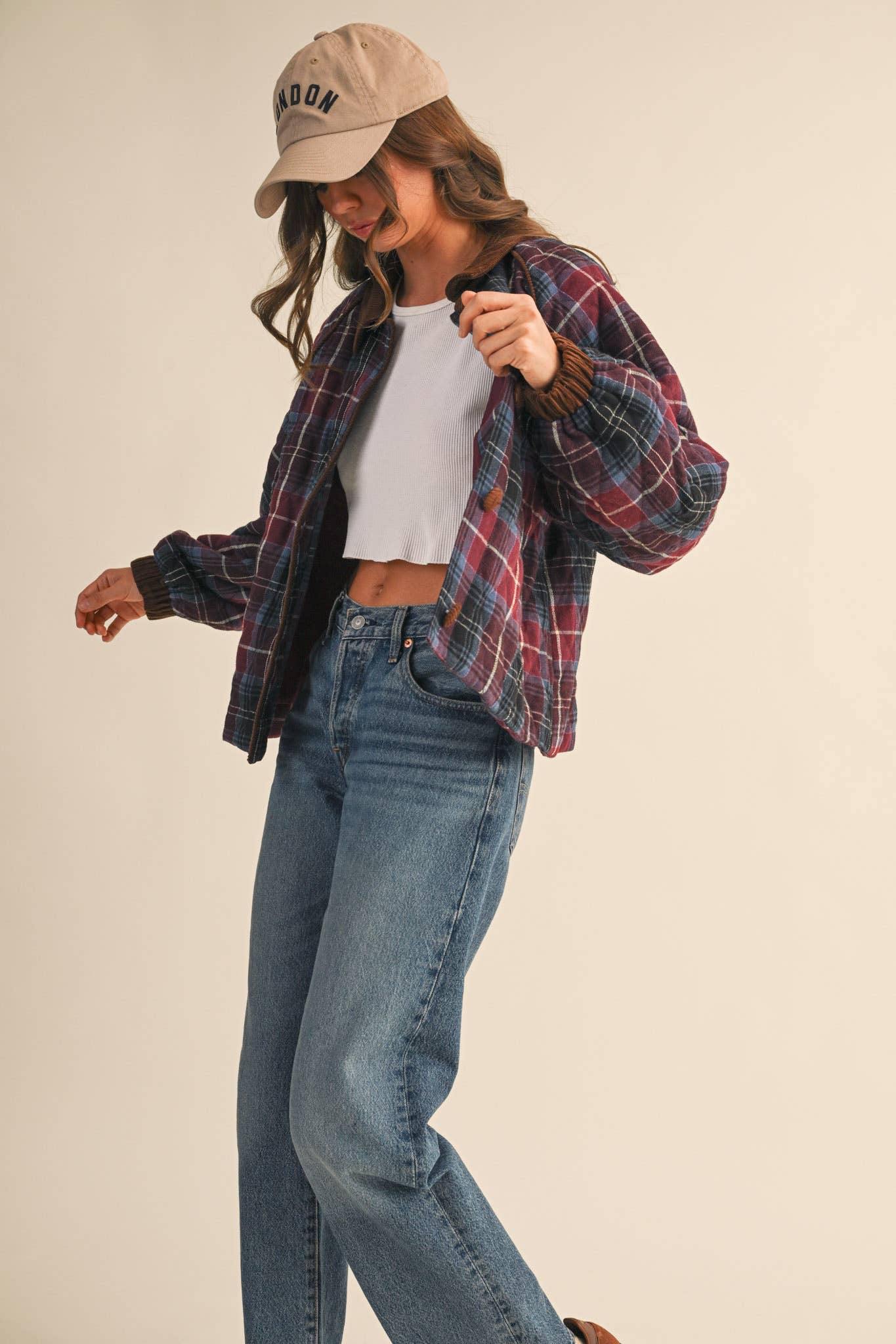 Plaid Quilted Jacket with Corduroy Detail