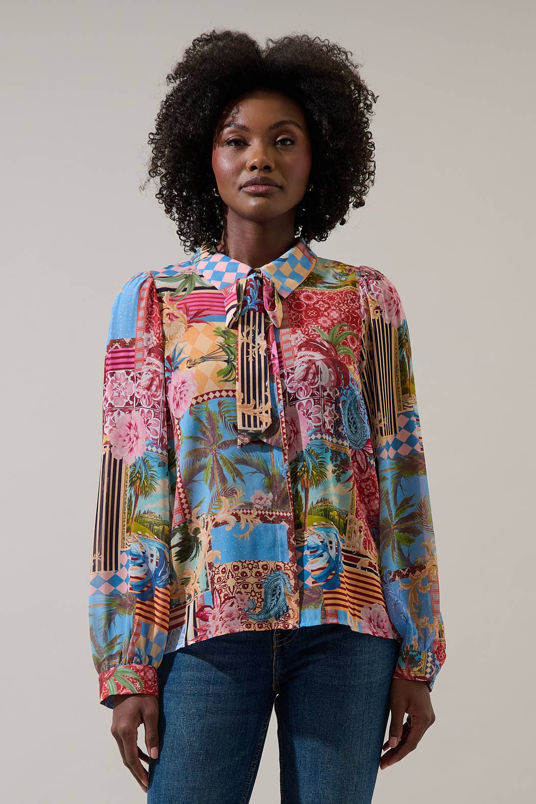 Melani Tropical Matra Long Sleeve Collared Blouse