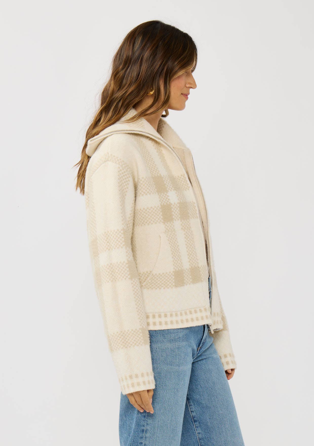 Plaid Knit Zip-Up Bomber Jacket