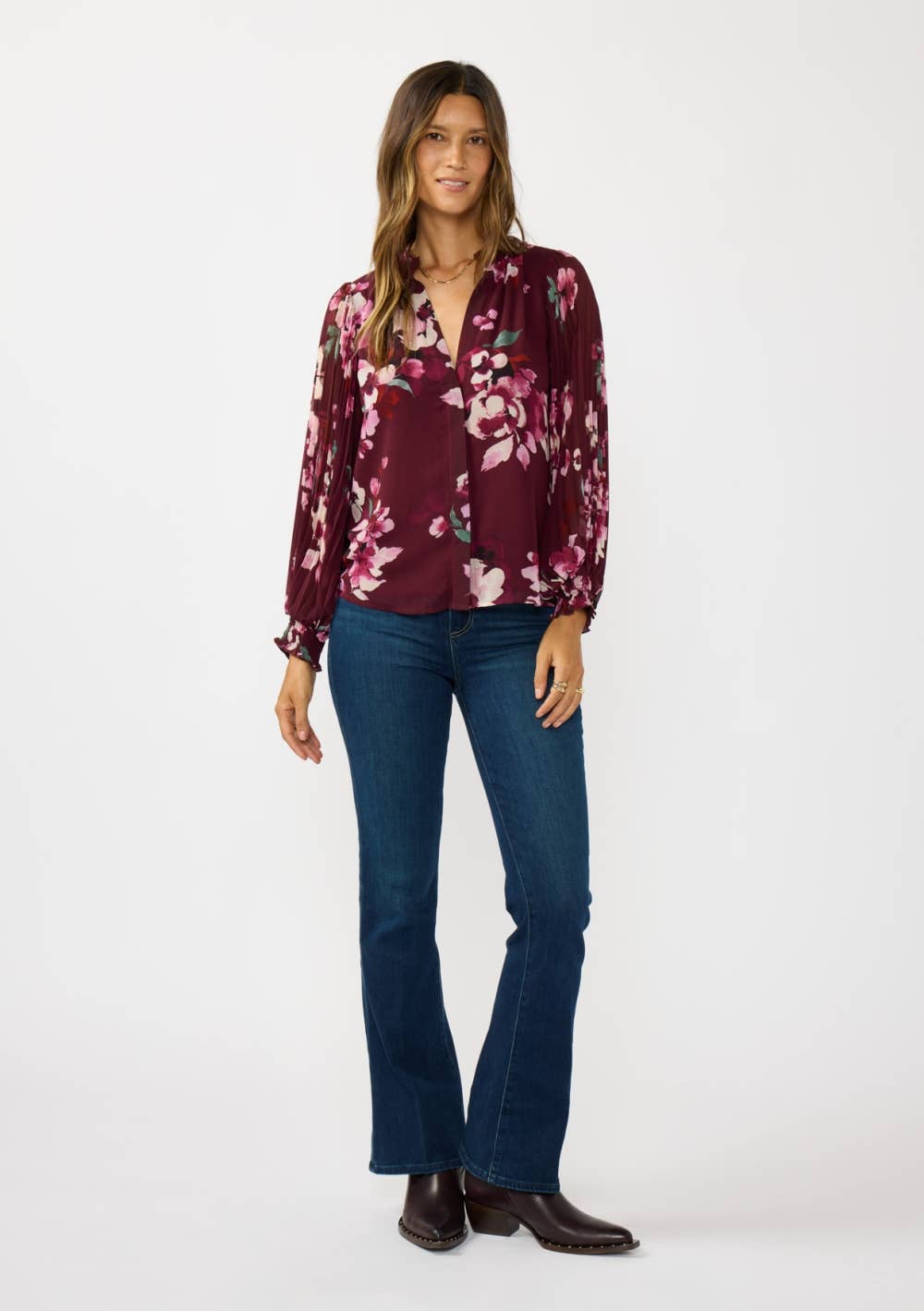 Pleated Sleeve Floral Button Blouse