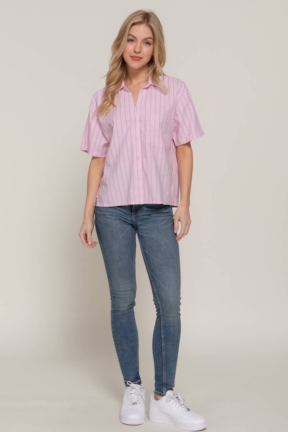 Button Down Stripe Linen Top