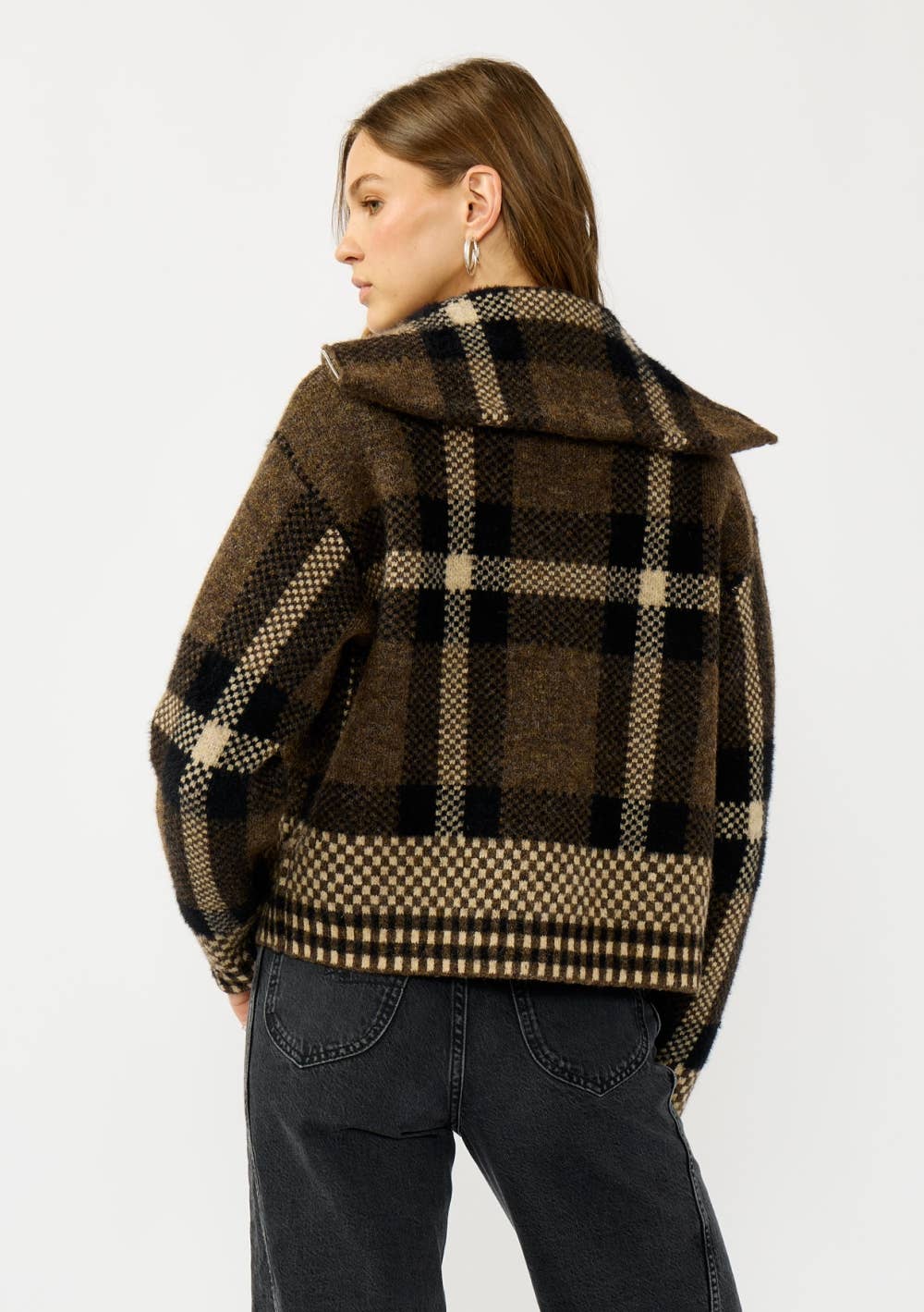 Plaid Knit Zip-Up Bomber Jacket