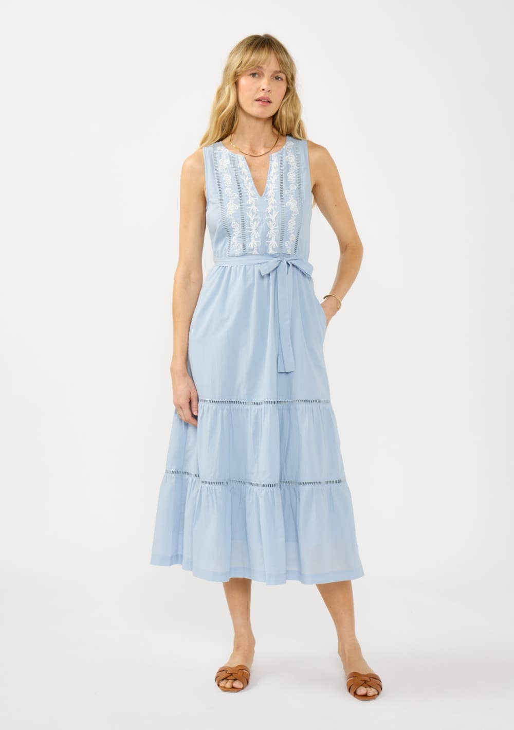 Embroidered Tiered Midi Dress